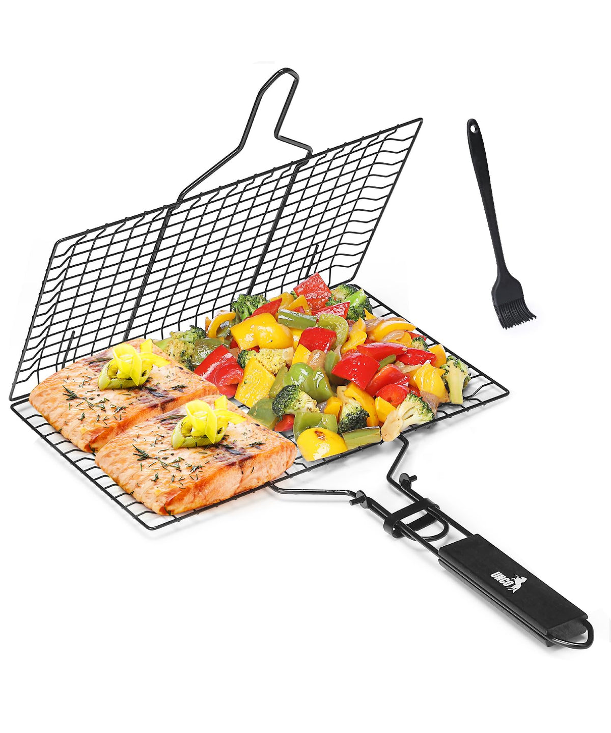 UNCO stainless steel grill basket in black, front view, built for durable grilling.