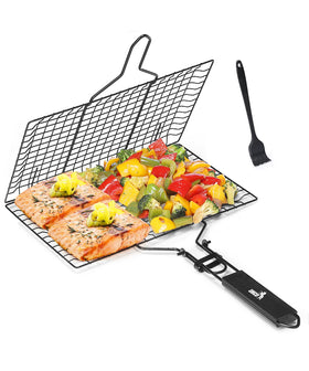 UNCO stainless steel grill basket in black, front view, built for durable grilling.