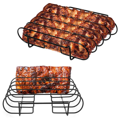 UNCO stainless steel rib rack holds four ribs upright for even cooking.