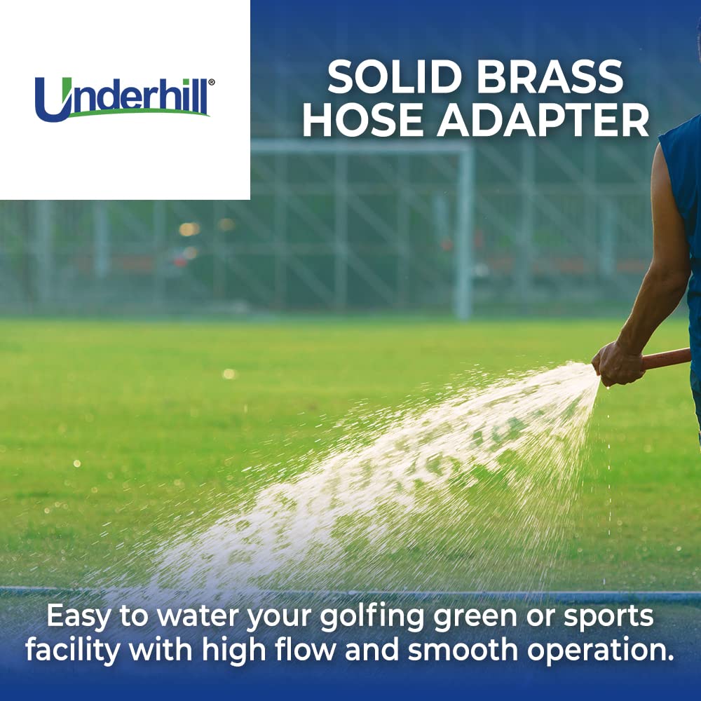 Underhill A-BA107MF brass adapter shows leak-free, high-flow connections for irrigation.