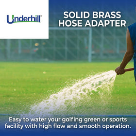 Underhill A-BA107MF brass adapter shows leak-free, high-flow connections for irrigation.