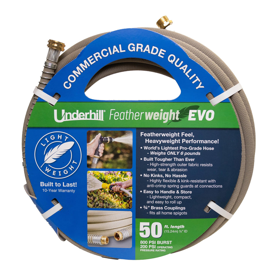 Underhill Featherweight EVO hose folded compact for easy storage and quick setups.