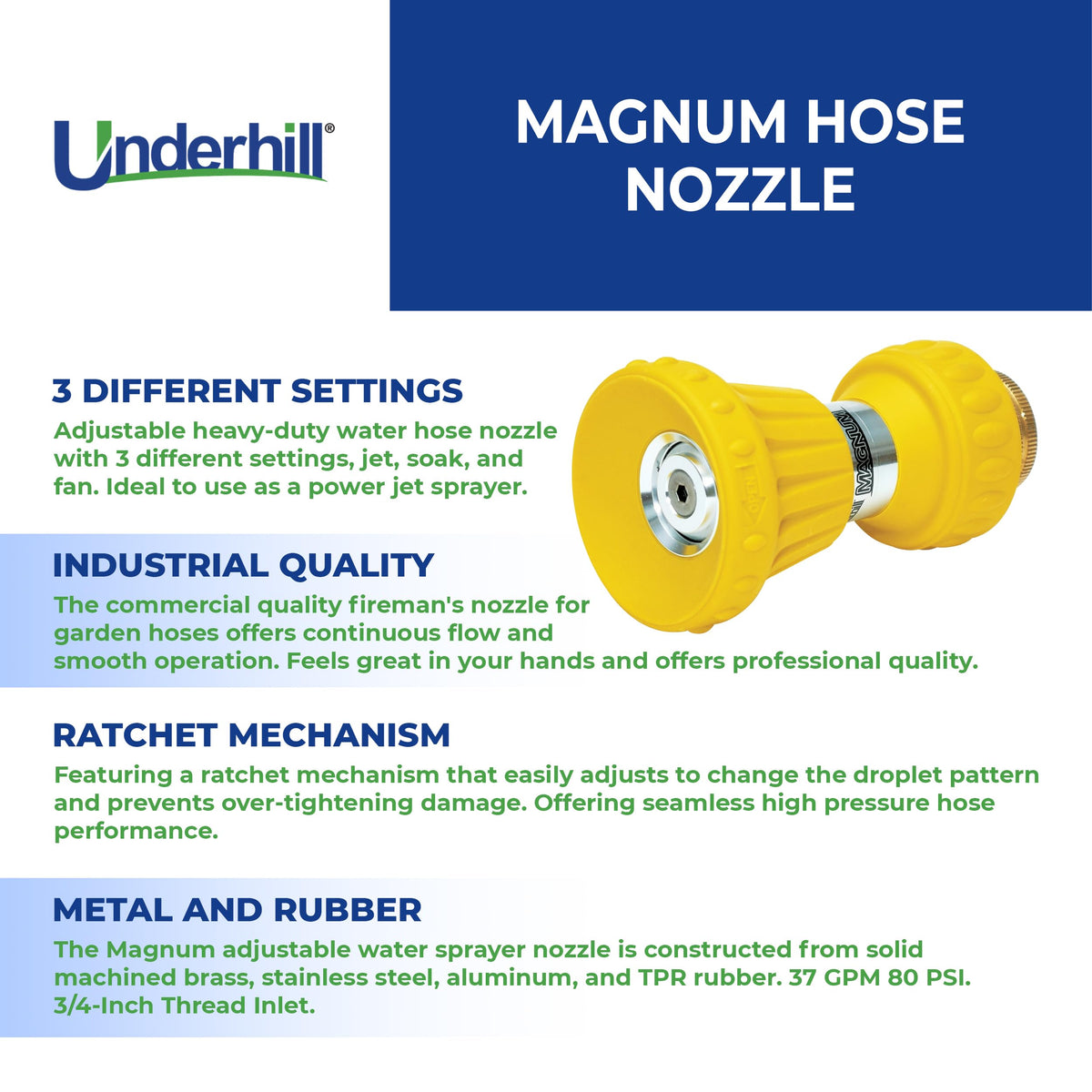 Underhill Magnum fan-pattern nozzle delivering broad mist for lawns and beds