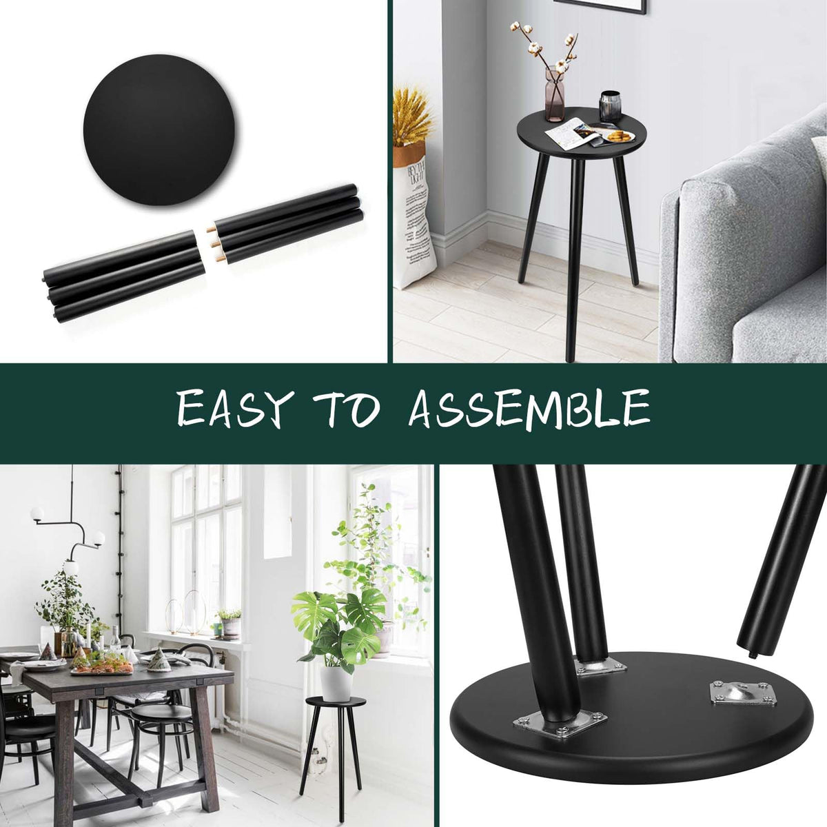 Uneedem black round-top plant table for versatile room placement.