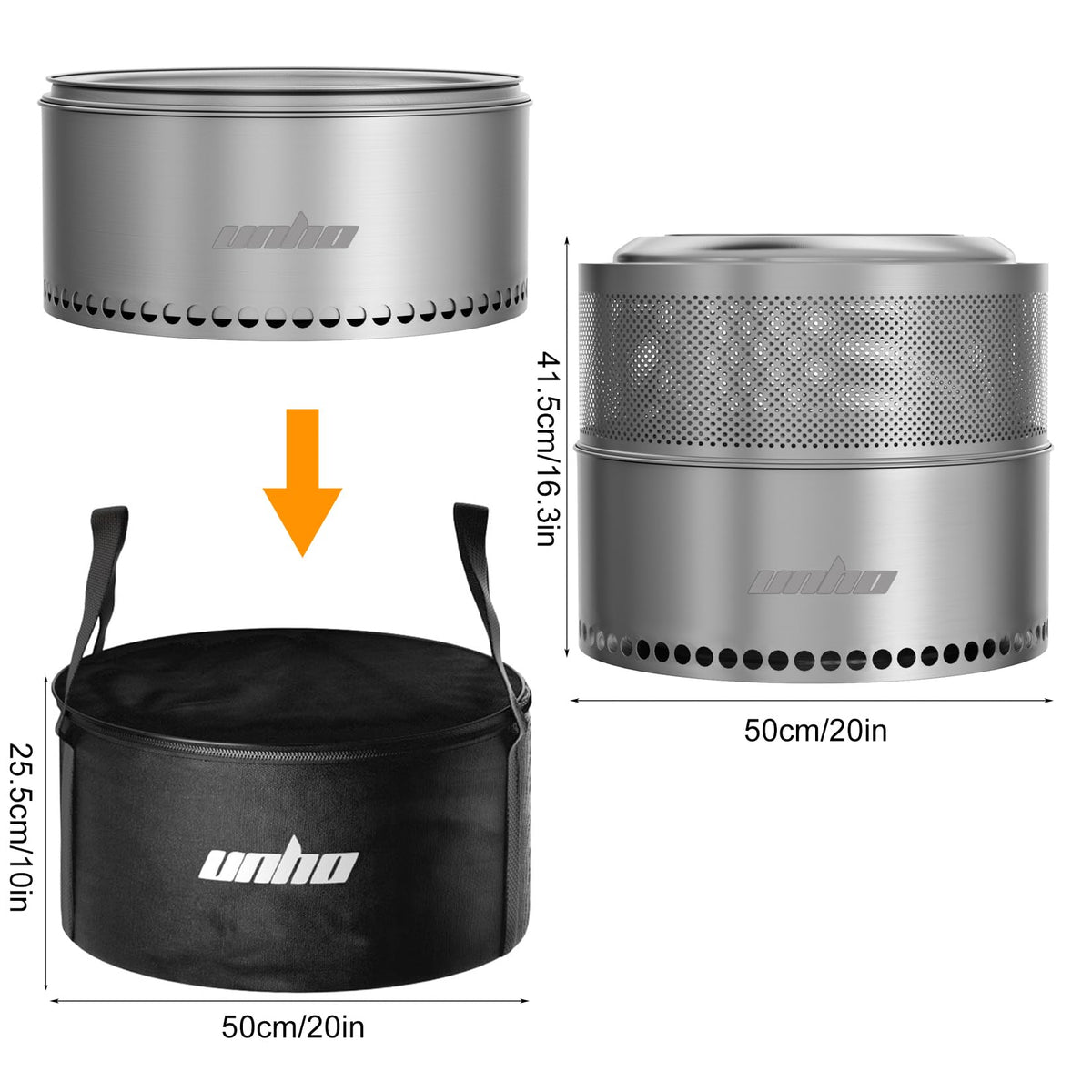 Unho smokeless firepit stainless steel body endures outdoor use with durable heat distribution.