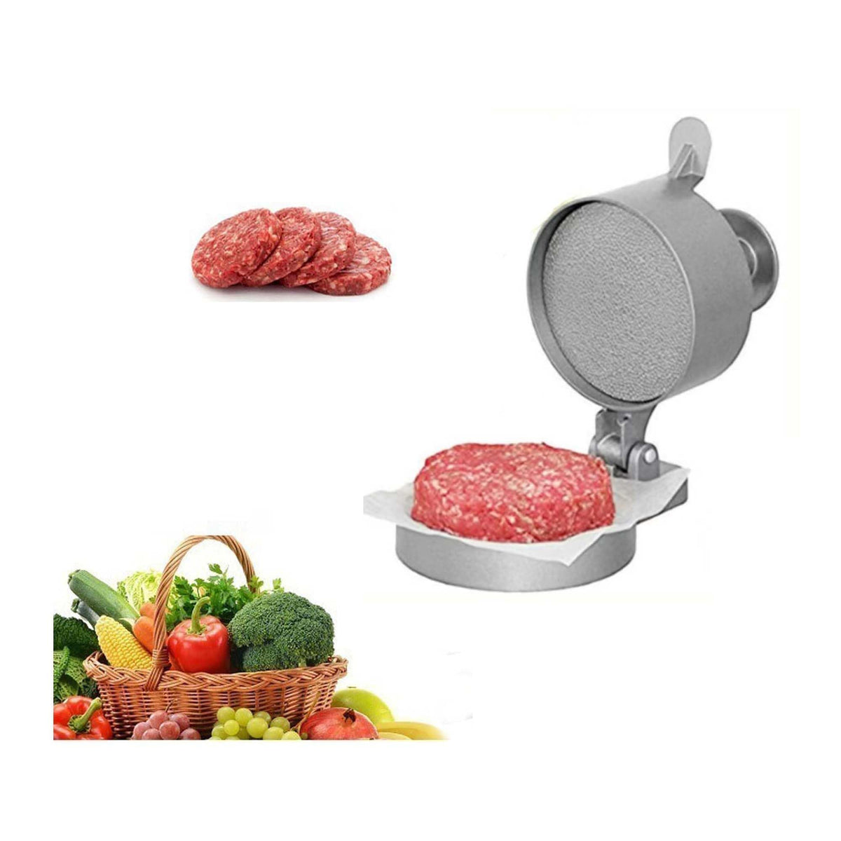 UNI-RHYTHM hamburger press assembly creates uniform patties for grilling