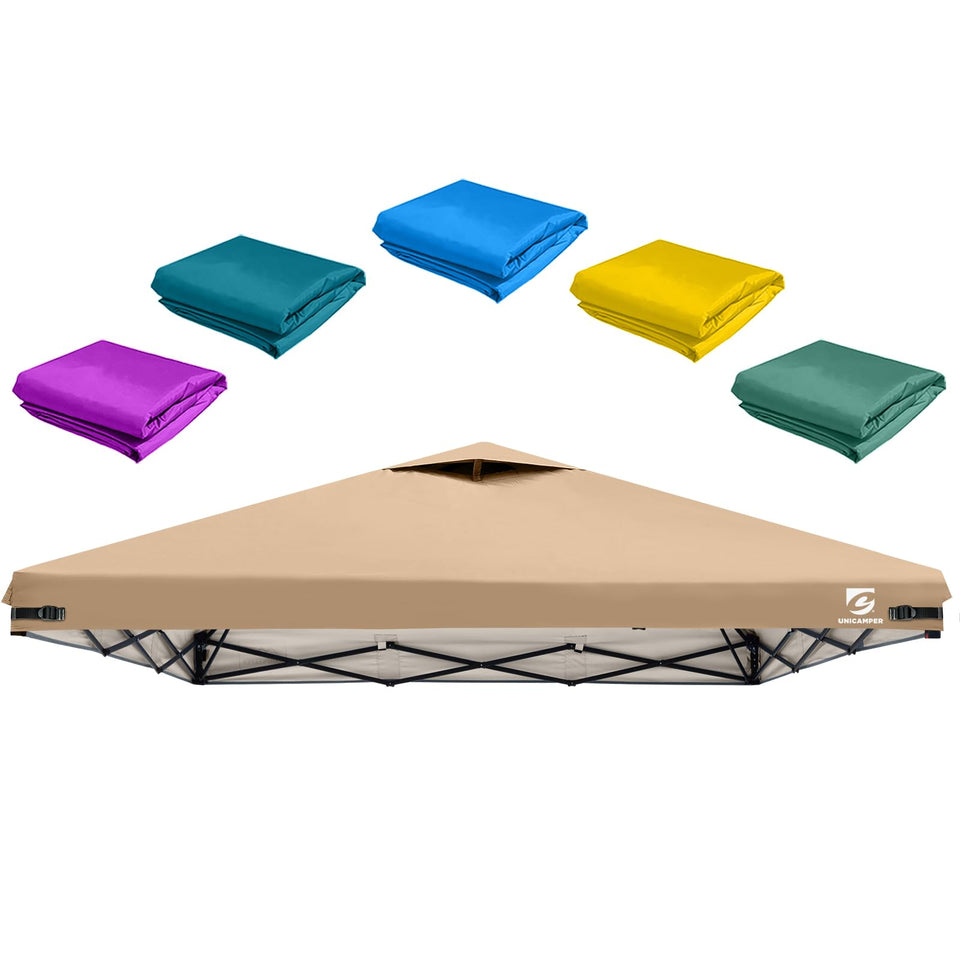 UNICAMPER 10x10 canopy top with air vents for cooler outdoor shade.
