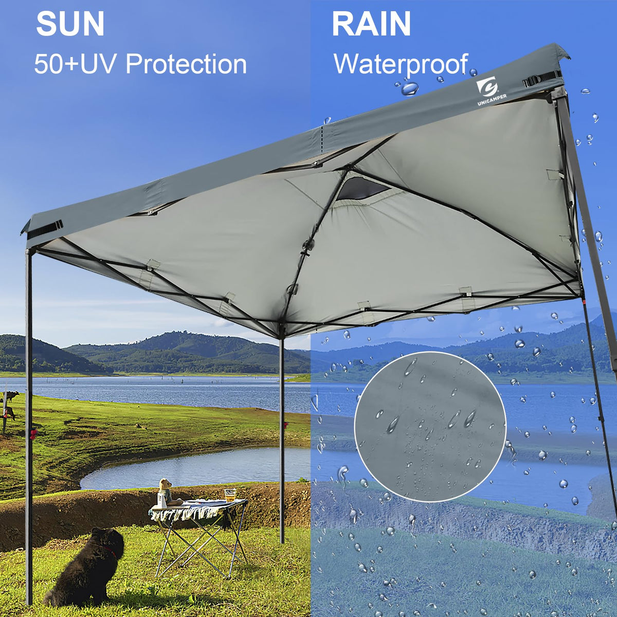 UNICAMPER canopy top dimensions equal 10 by 10 feet