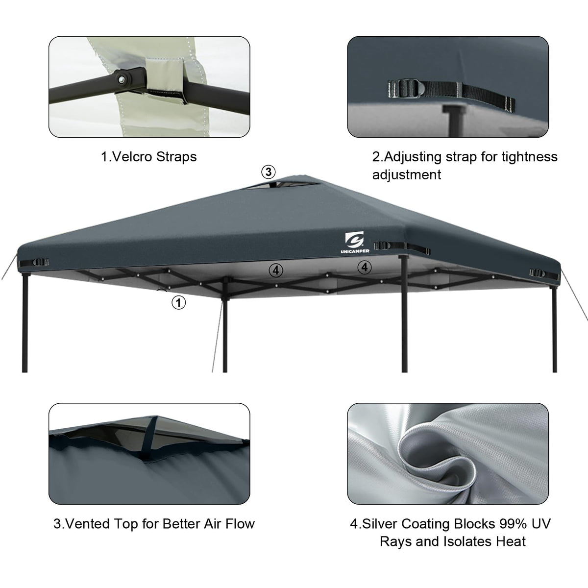 UNICAMPER 10x10 canopy top easy, tool-free installation
