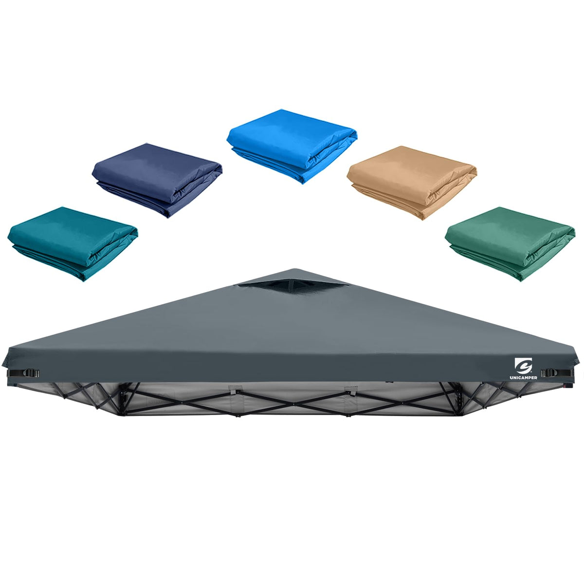 UNICAMPER 10x10 canopy top front view showing sturdy replacement cover