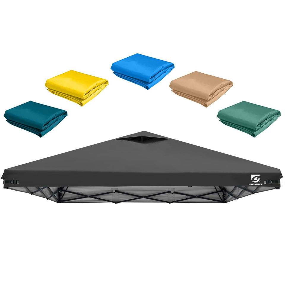 UNICAMPER 10x10 canopy top with vent for cooler shade outdoors.