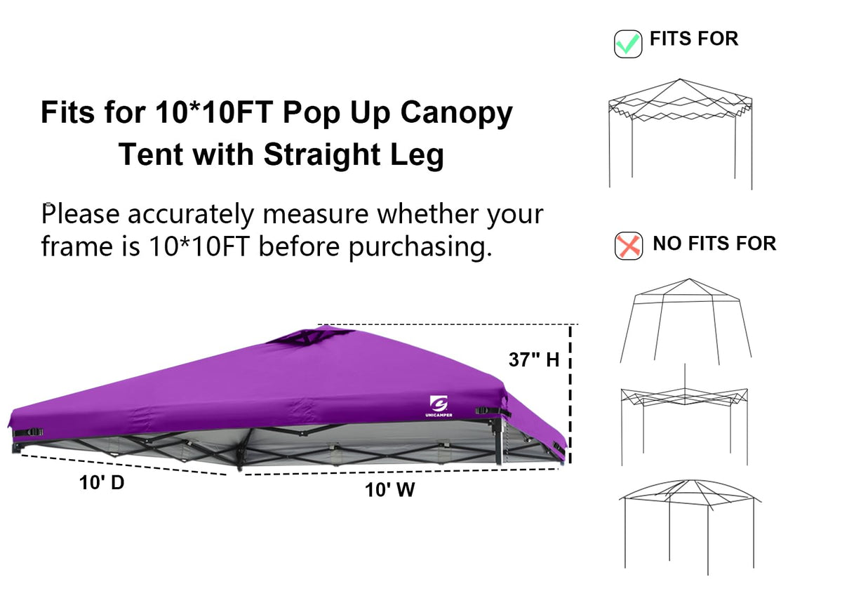 UNICAMPER 10x10 canopy top purple with corner straps for a snug frame