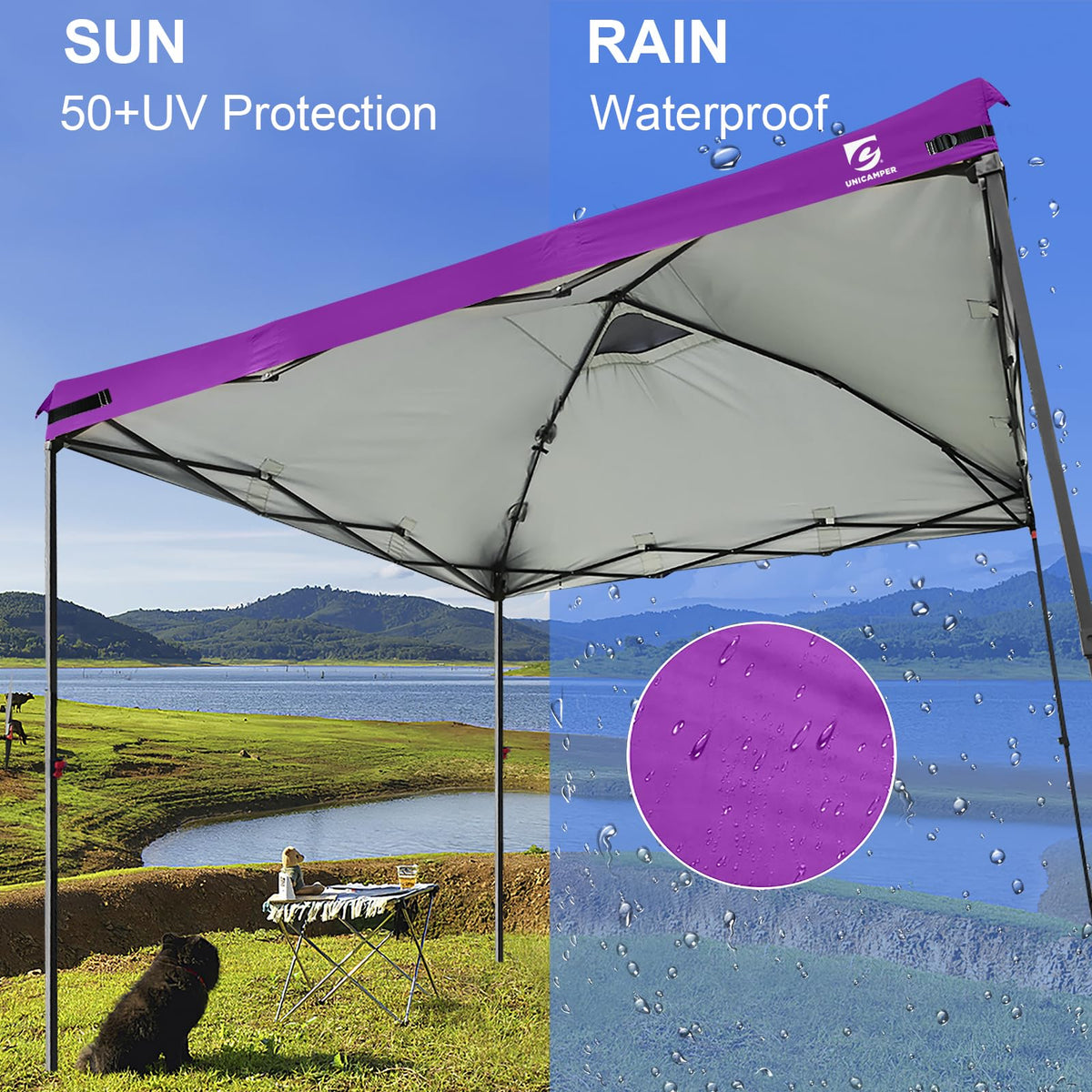 UNICAMPER canopy top purple with two vent ports to improve airflow and stability