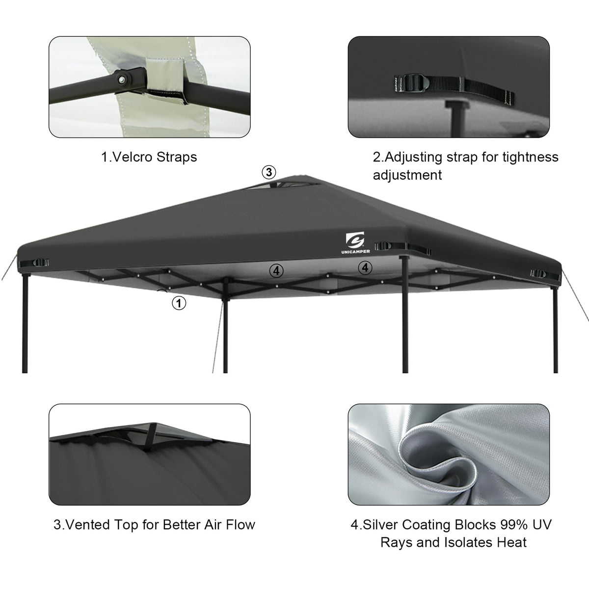 UNICAMPER air vent design stabilizes shelter in breeze.