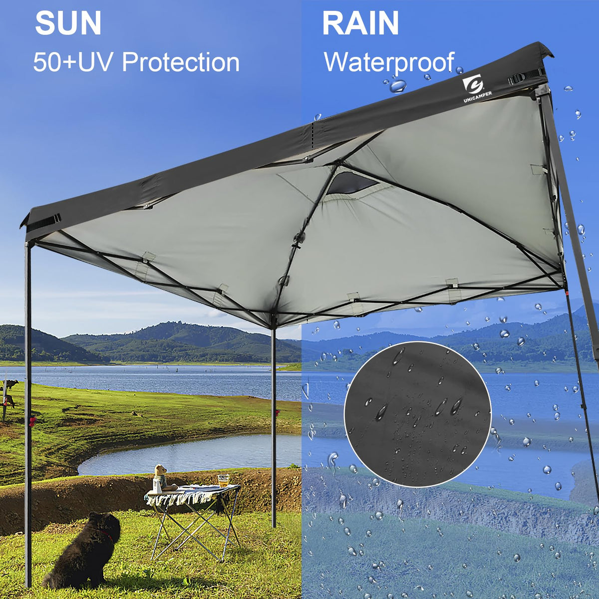 UNICAMPER easy-install canopy top with Velcro straps for quick setup.