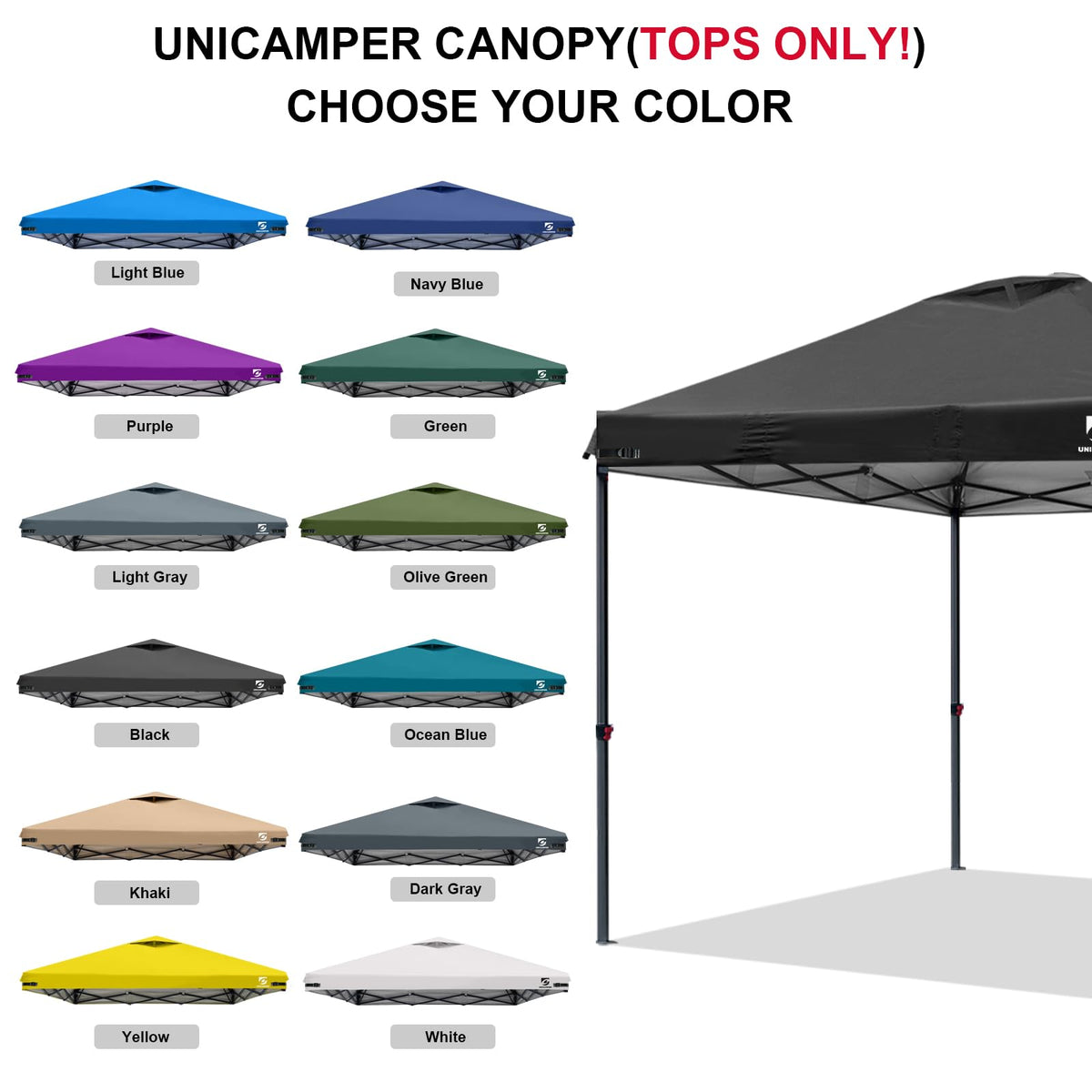 UNICAMPER heavy-duty fabric with heat-sealed seams resists weather.