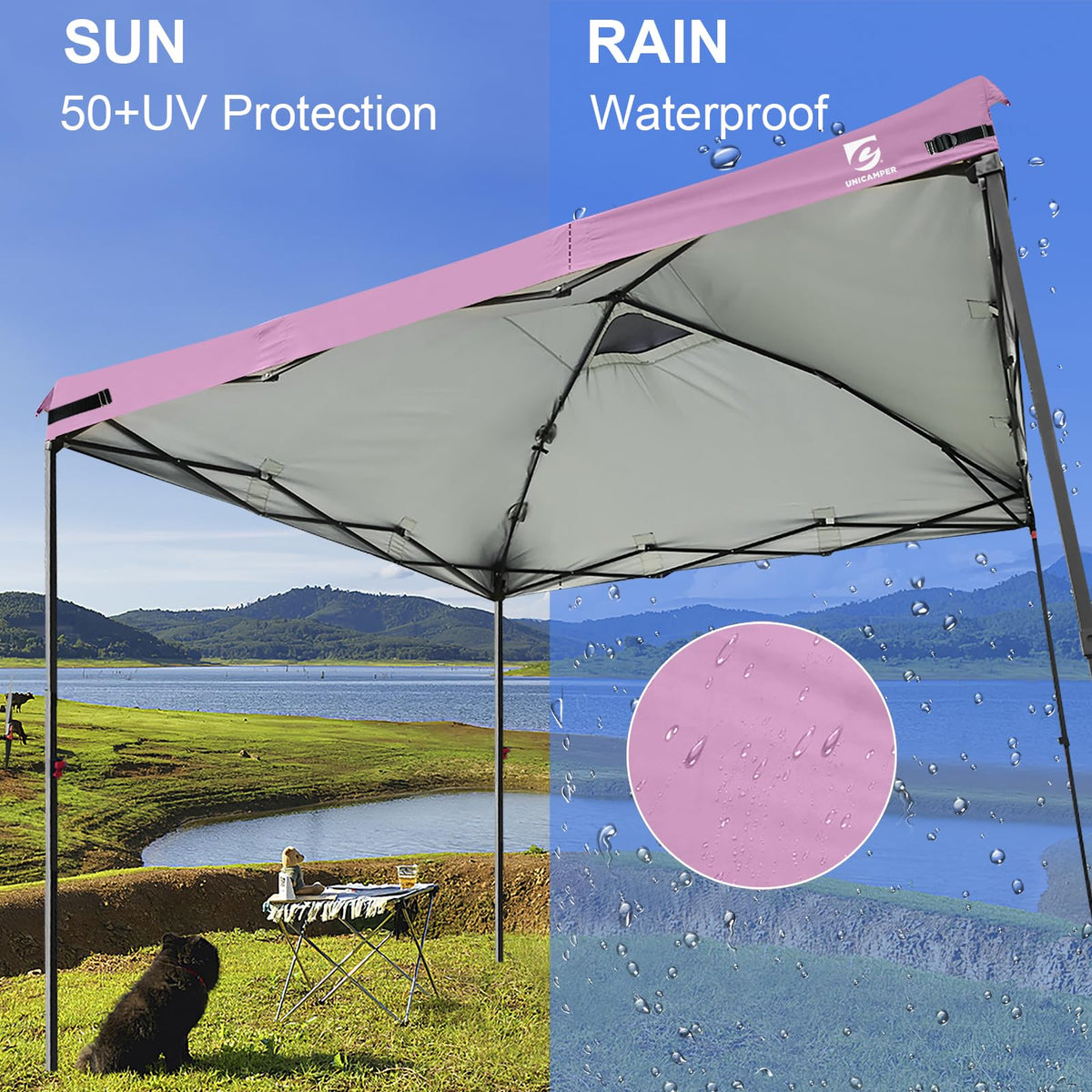 UNICAMPER 10x10 top blocks UV and reduces fading during sun exposure.
