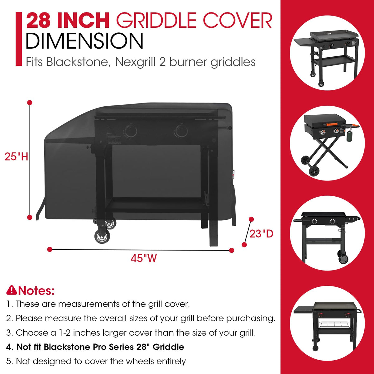 Unicook 28inch griddle cover side view shows waterproof seams and durable fabric