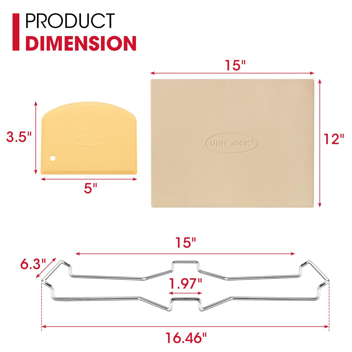 Unicook cordierite material emphasizes heat stability for even baking on any heat source.