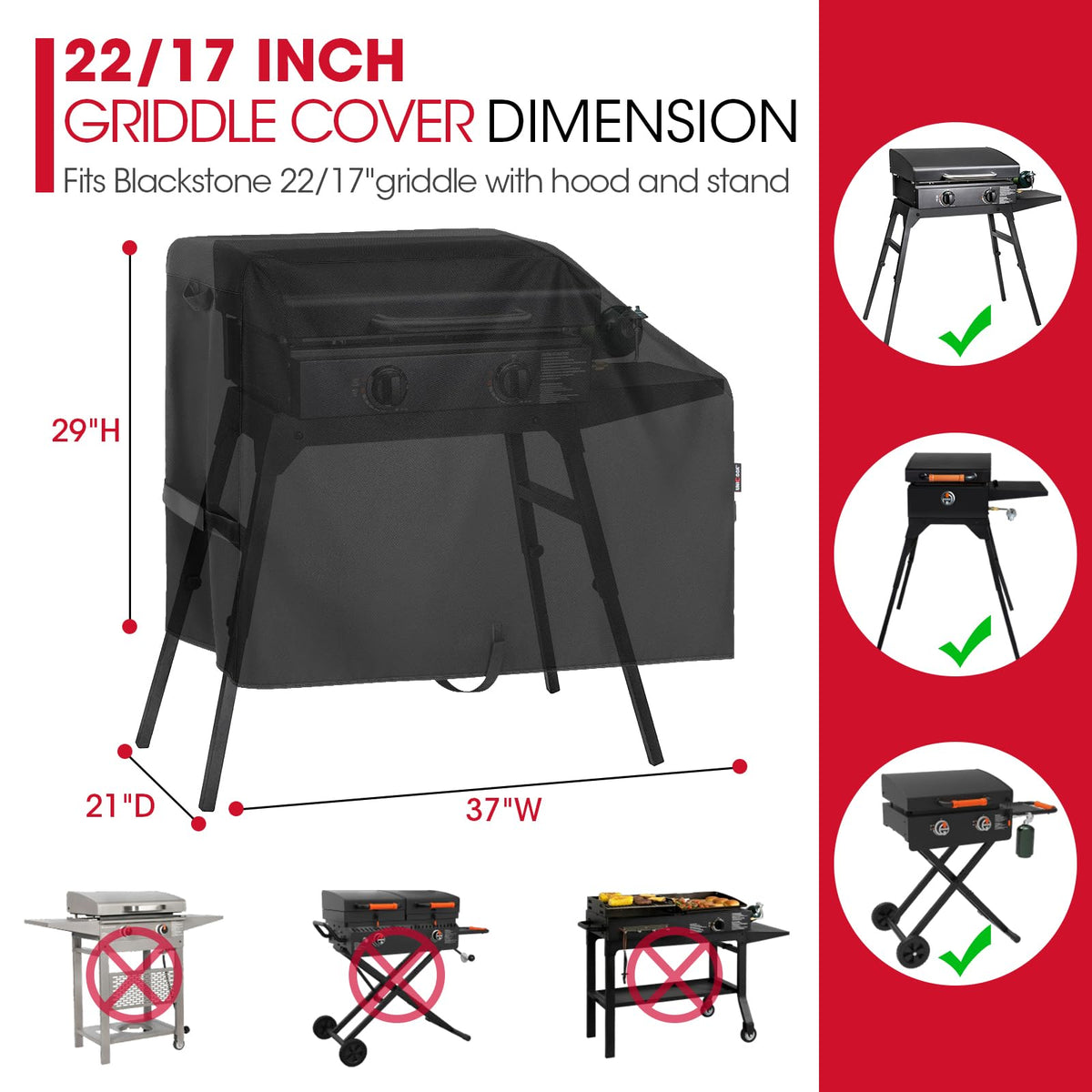 Unicook Griddle Cover 22-inch hood detail showcases waterproof fabric for year-round protection.