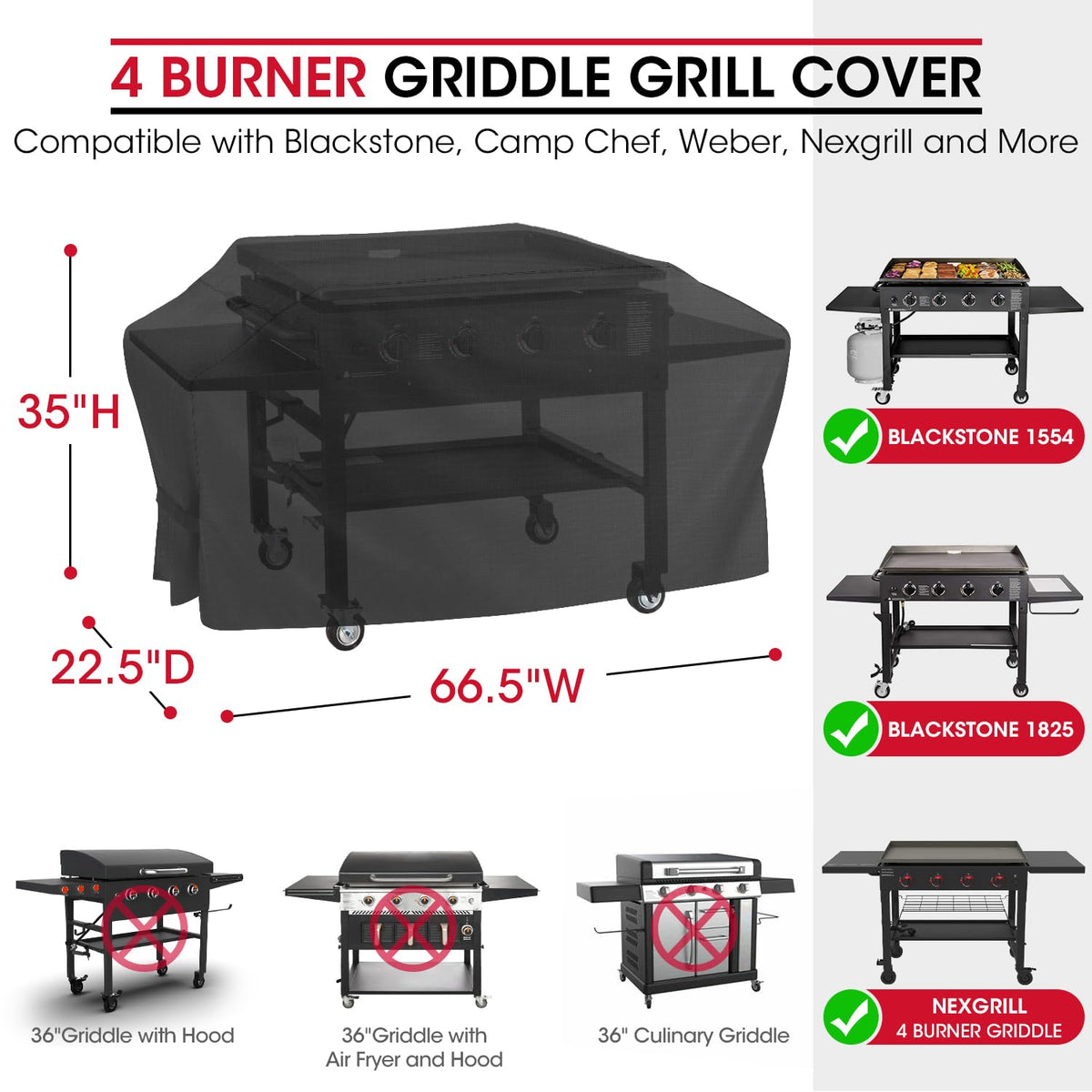 Unicook griddle cover side view shows a snug fit with windproof straps on a 36-inch grill.