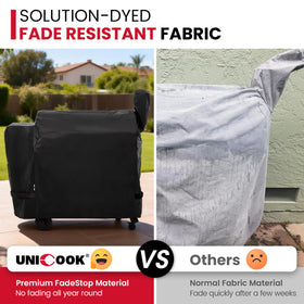 Unicook grill cover with adjustable straps secures tightly in windy conditions.