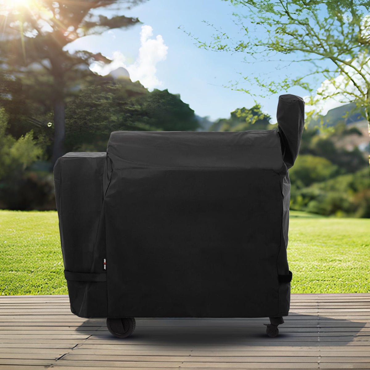 Unicook grill cover fits a variety of pellet grills for easy storage post-BBQ.