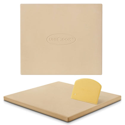 Unicook large pizza stone on an oven rack delivering even heat for crispy crust.