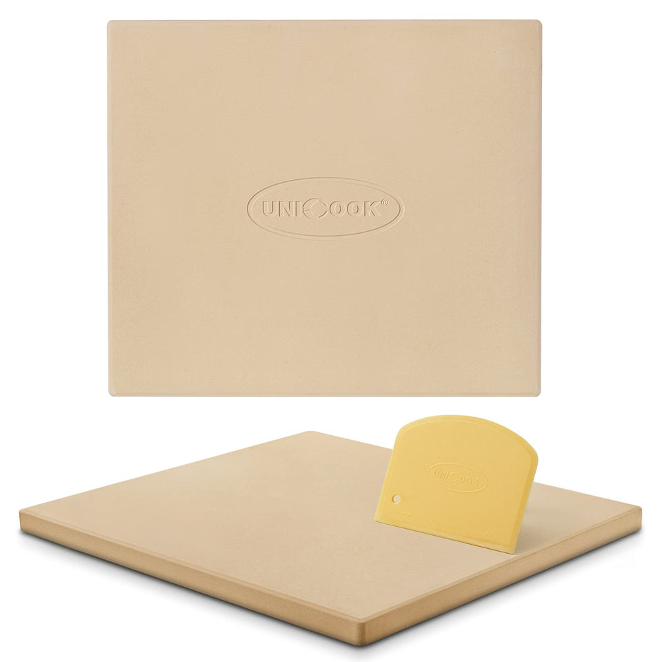 Unicook large pizza stone on an oven rack delivering even heat for crispy crust.