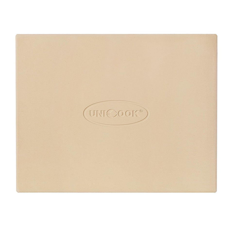 Unicook pizza stone in an oven, rectangular 15x12, suitable for crispy crust.