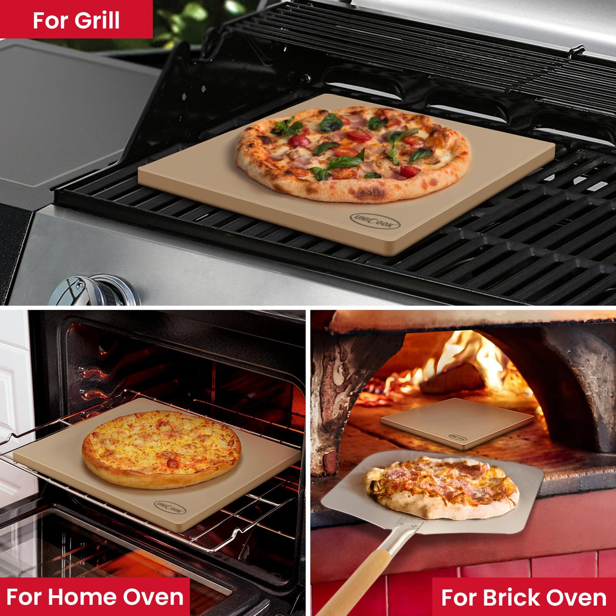 Unicook pizza stone includes a plastic dough scraper for easy prep.