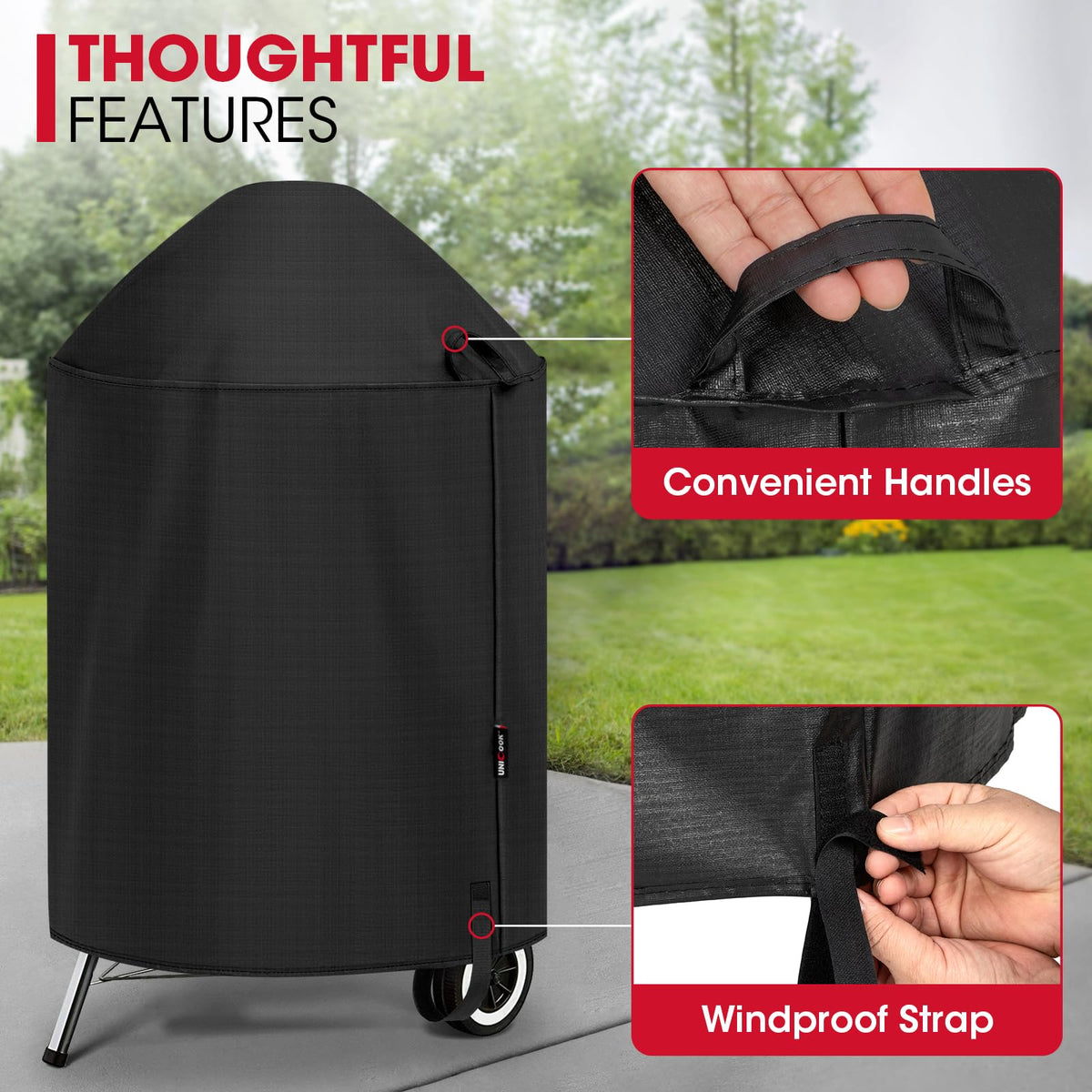 Unicook easy-on/off handles simplify cover application.