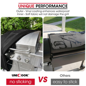 Unicook soft fabric liner prevents sticking to grill finish.
