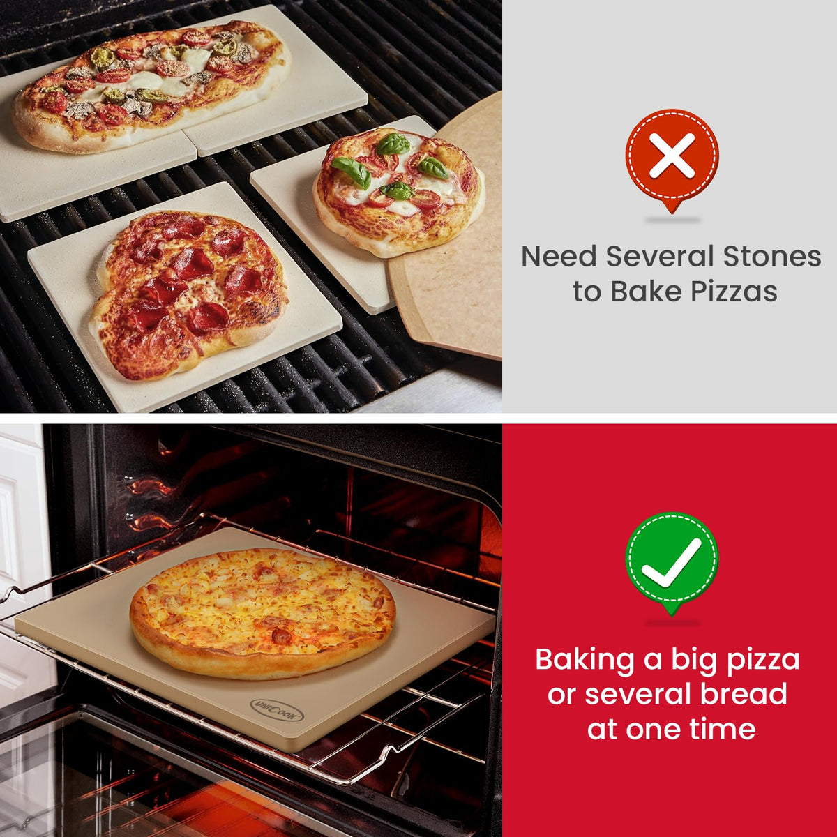 Unicook thick stone distributes heat evenly, promoting light, crispy crusts.