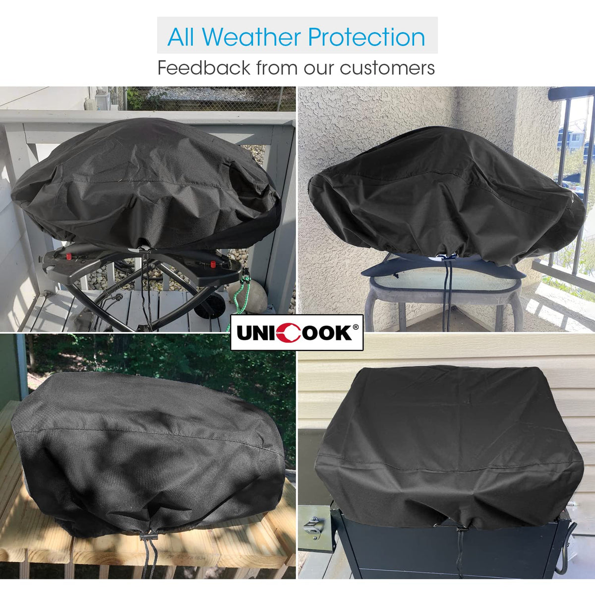 Unicook cover for Weber Q200 series protects against wind and rain.