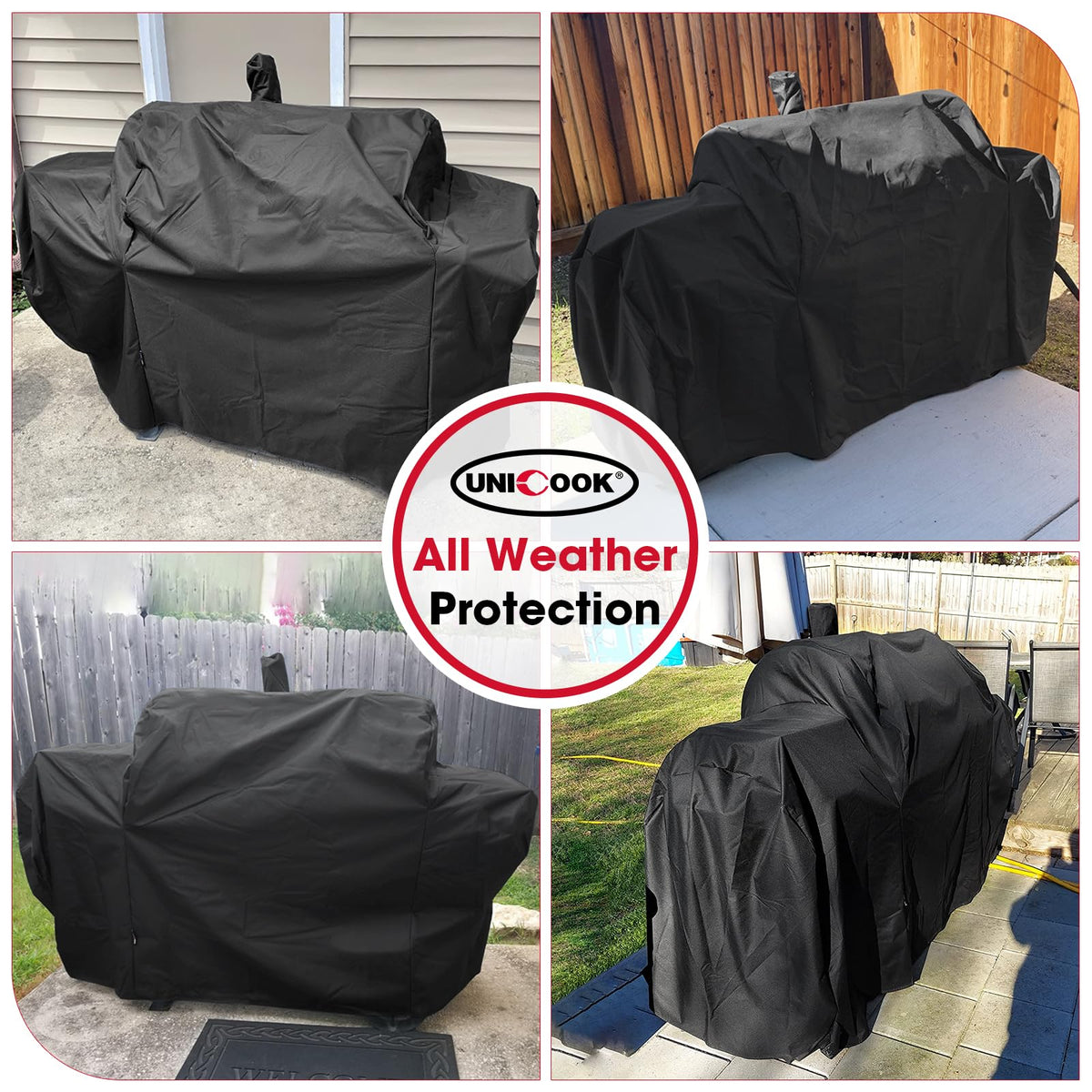 Unicook cover dimensions 74W x 30.5D x 41.5H fits large grills securely