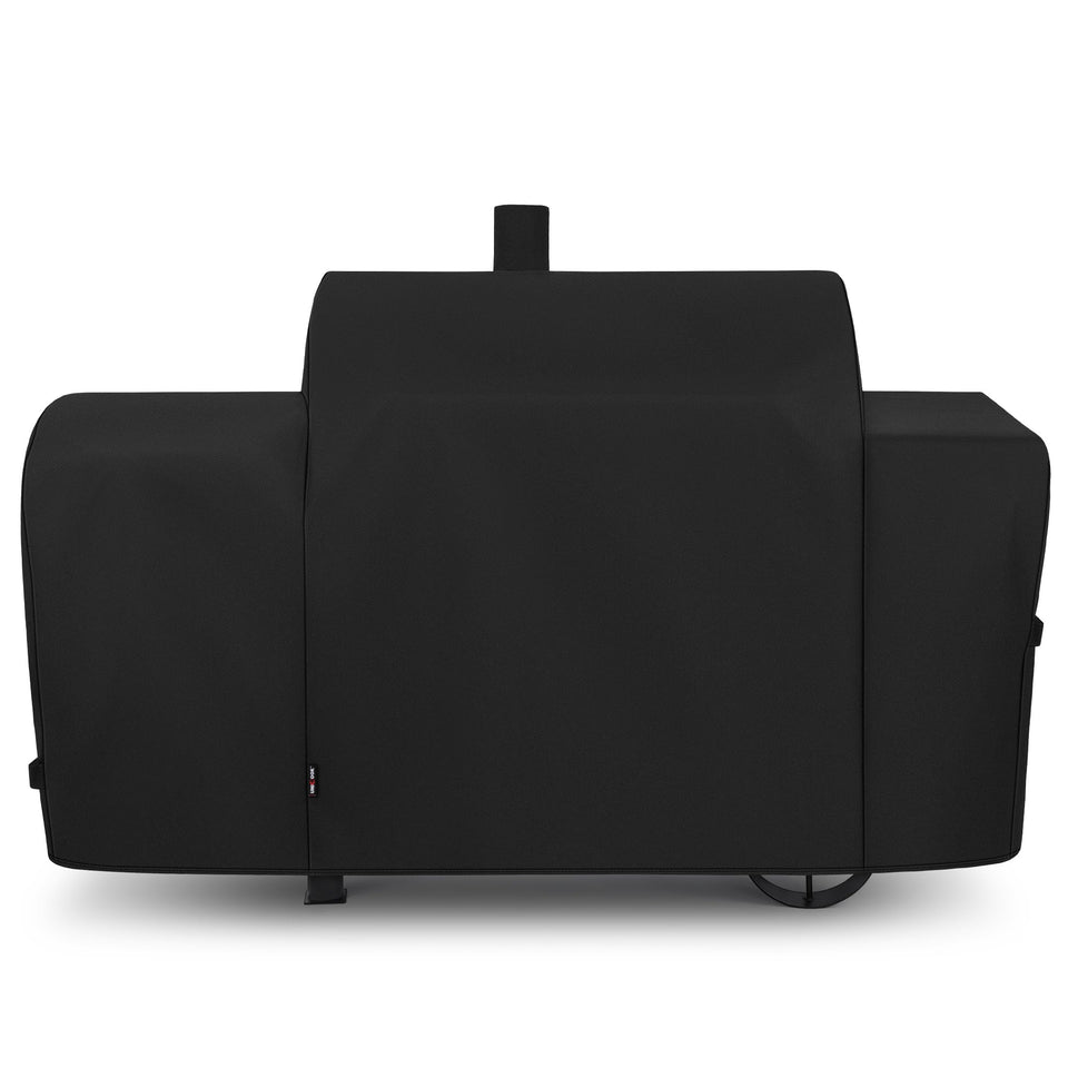 Unicook heavy duty waterproof offset smoker cover in front view protecting the grill