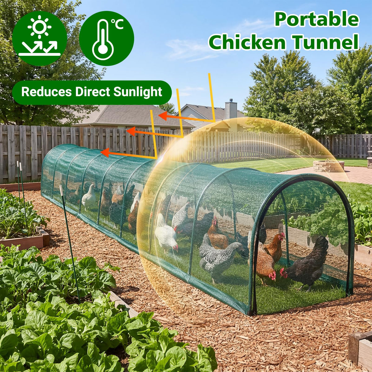 UNIFAMILY chicken tunnel close-up dense mesh providing shade in yard.