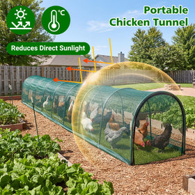 UNIFAMILY chicken tunnel close-up dense mesh providing shade in yard.