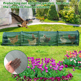 UNIFAMILY Chicken Tunnel guards garden protection while chickens roam the yard.