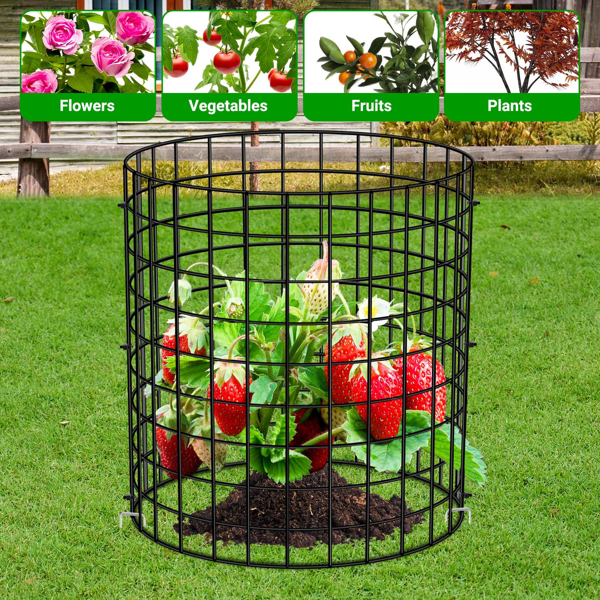 UNIFAMILY ground stakes and zip ties securing nets around plants.