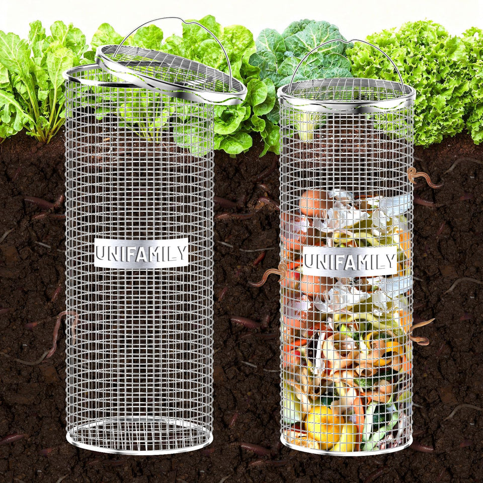UNIFAMILY worm compost bin with handle, top view for easy feeding outdoors.