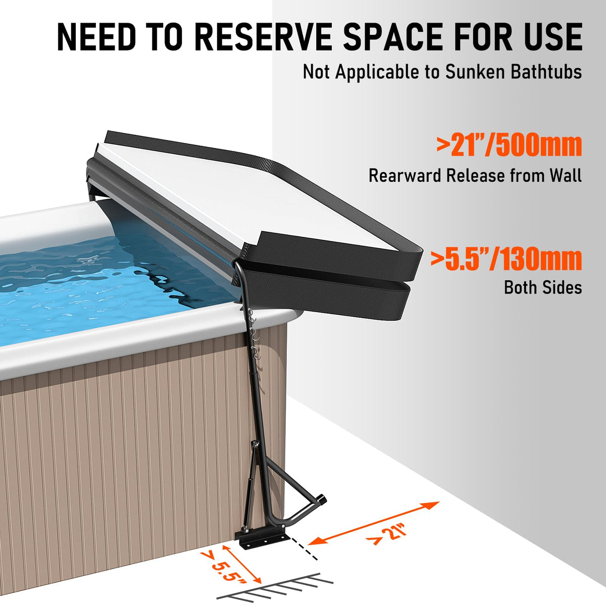Uniflasy cover lift folded position saves space beside the tub.