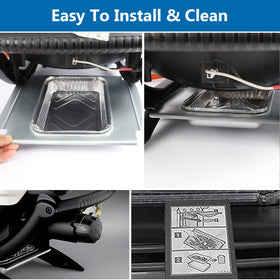 Uniflasy drip tray insert on Weber Q for effortless cleanup after grilling.