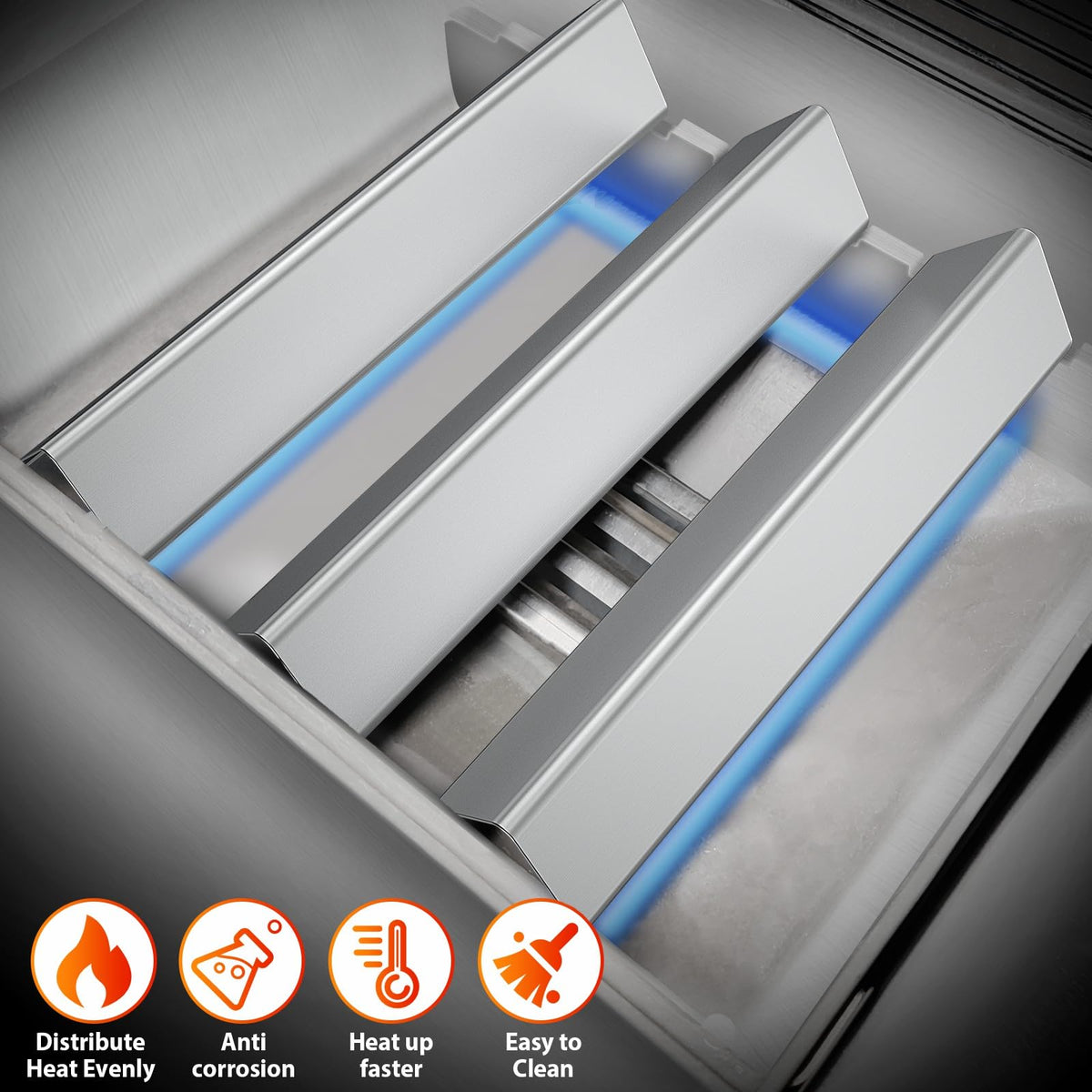 Uniflasy protective heat plates redirect drippings away from burners, reducing flare risks.