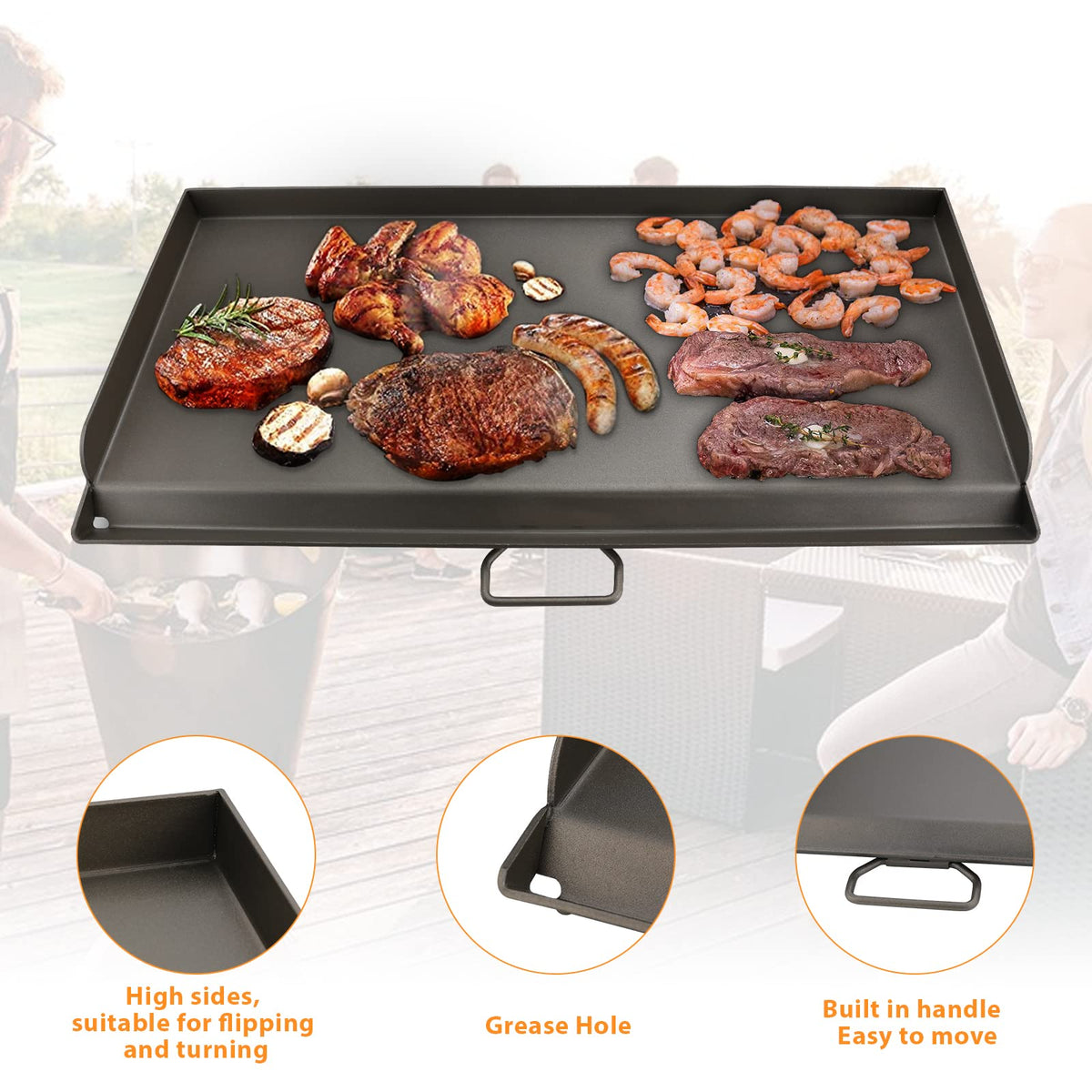 Uniflasy griddle high sides protect against splashes during outdoor cooking