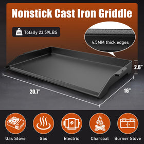 Uniflasy universal-fit griddle shown fitting Weber and Nexgrill for versatile grilling options