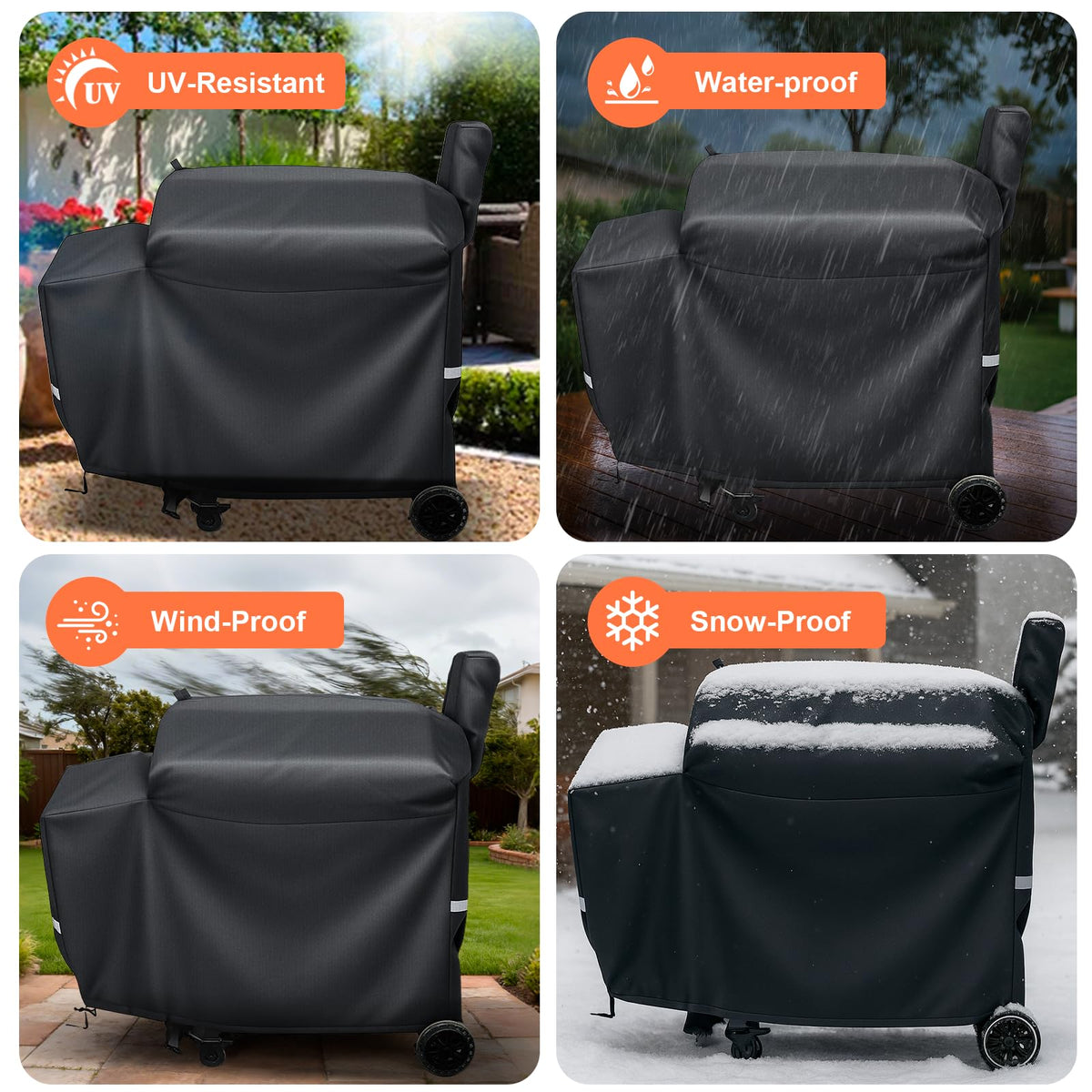 Uniflasy grill cover with reflective tape and handles for quick locating and handling.