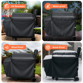 Uniflasy grill cover with reflective tape and handles for quick locating and handling.