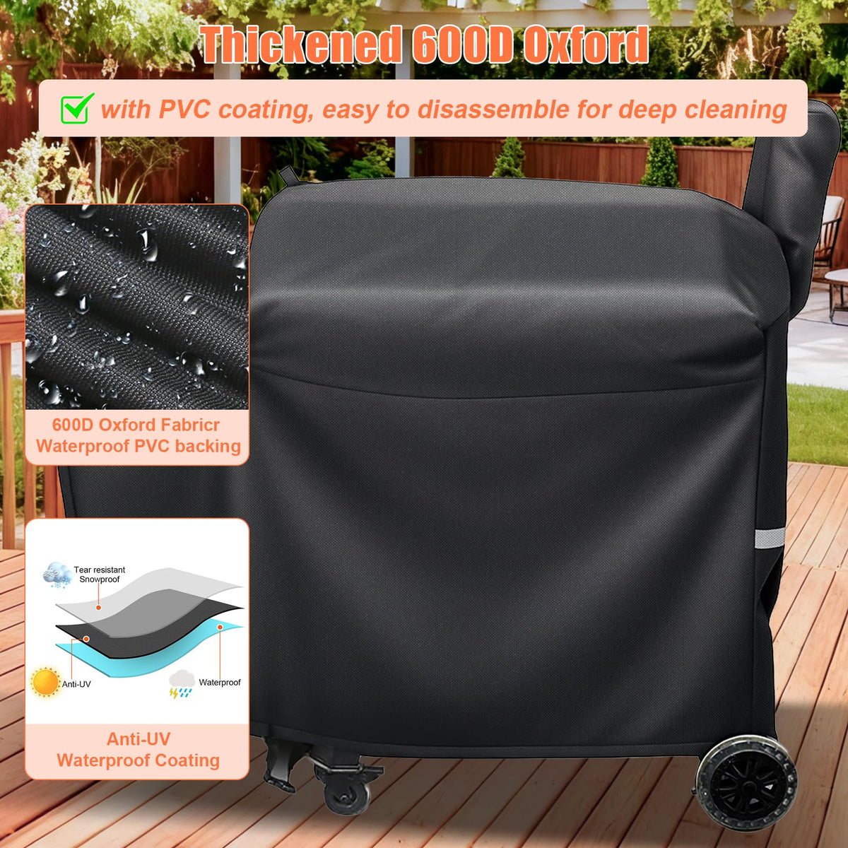 Uniflasy grill cover close-up of 600D waterproof fabric resisting rain and sun.